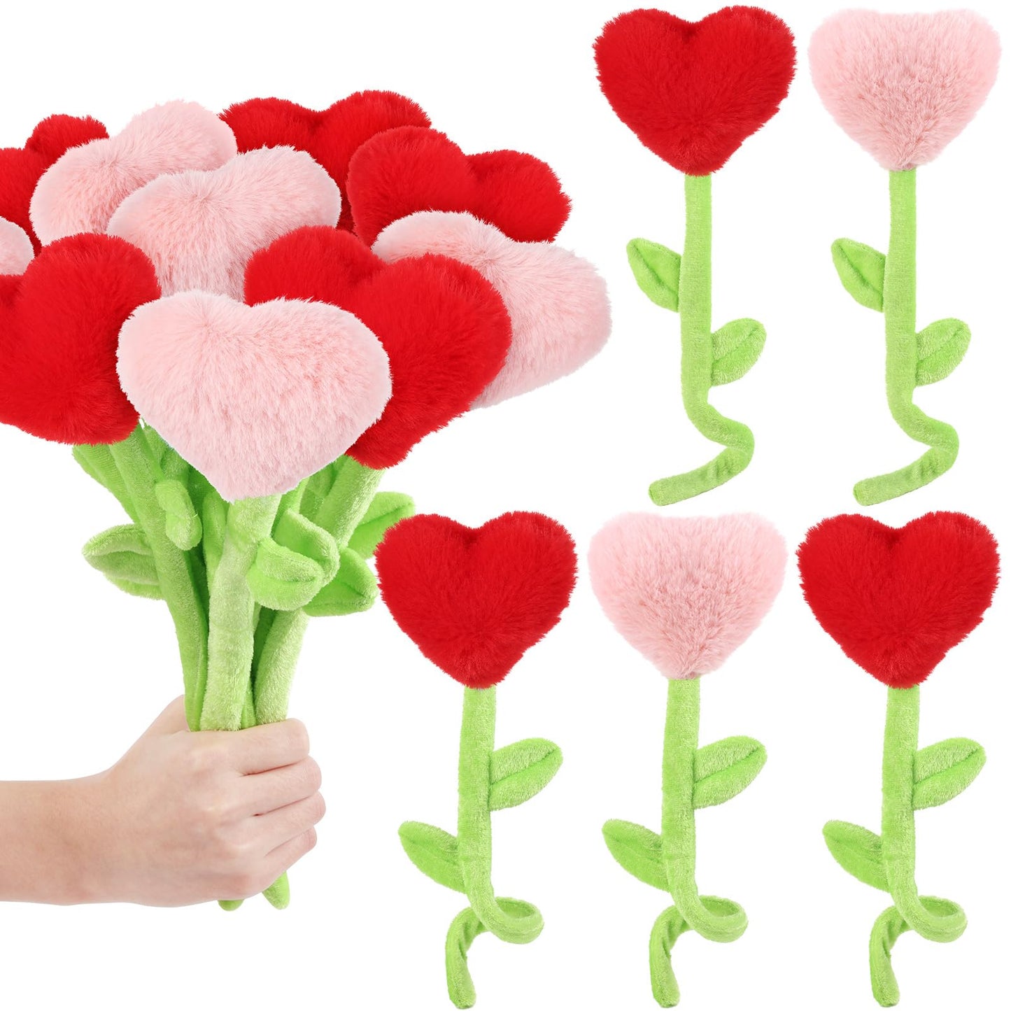 ZJoey 10 Pcs Plush Heart Flower Stuffed Bendable Stems Plush Bouquet Toy Soft Rose Flower 12.6 Inch for Christmas 2025 Mother's 