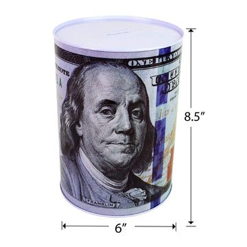 $100 Dollar Bill Piggy Bank 5 7/8'' Tall Coin Saving Money Currency Benjamin Franklin Tin Can Banknote Jar (1 Pack, 8 1/2'' X 6'