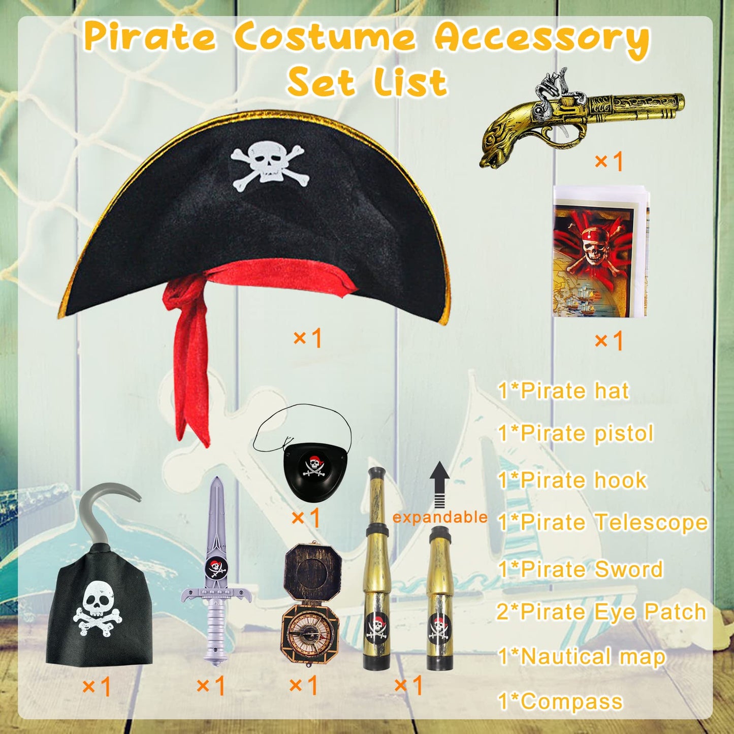 Pirate Costume Kids 8 Pcs Pirate Accessories for Kids - Halloween Pirate Theme Pretend Play Party Toys Set  Dress Up Supplies with Hat  decorative replica blade    Eye Patch  Telescope  Compass  Hook & Map