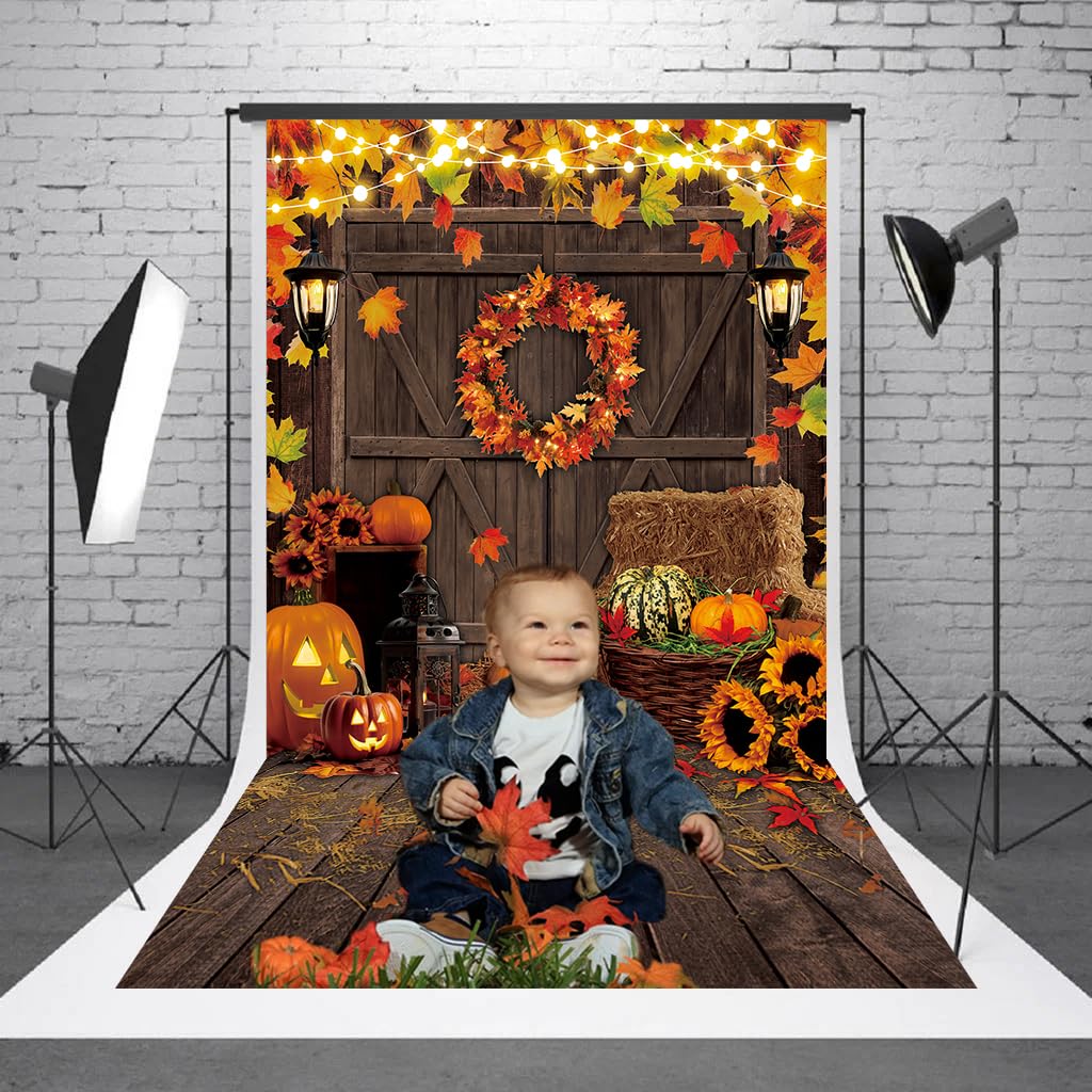 Happy Thanksgiving Backdrop 6x8FT Autumn Rustic Wooden Floor Maple Leaf Pumpkin Photography Background Fall Thanksgiving Harvest
