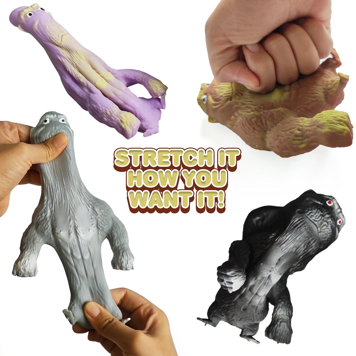 ArtCreativity Stretchy Gorilla Toys - 12 PK Fidget Toys, 3 Feet Arms, Rubber, Brown/Purple/Black, Great for Jungle Party Favors