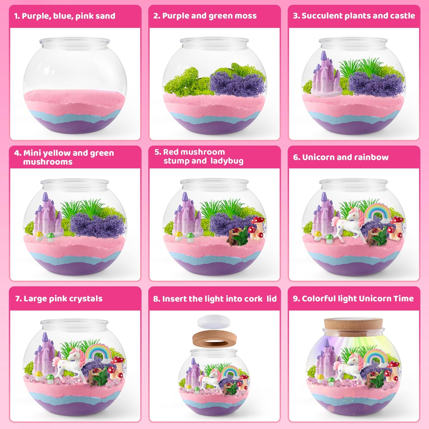 Joyeemax Unicorn Light-Up Terrarium Kit For Kids - Led Night Light Birthday Gift For Girls Ages 4 5 6 7 8-12 Year Old - Unicorn