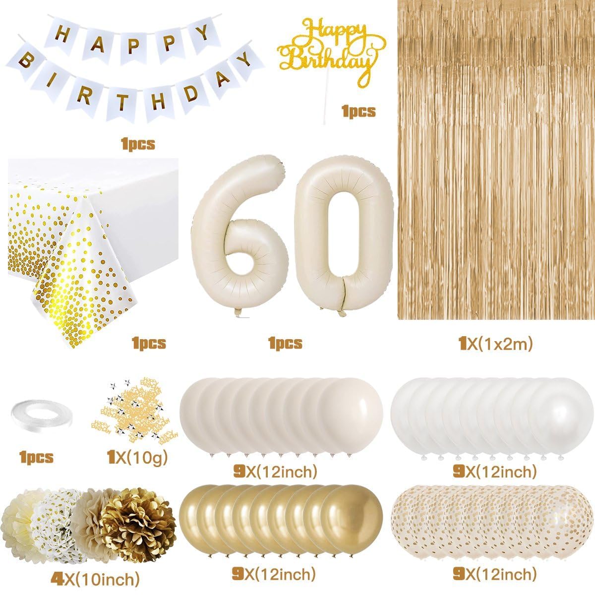 60Th Birthday Decorations, Happy 60Th Birthday Decorations White And Gold Balloons Happy Birthday Banner Tablecloth Fringe Curta