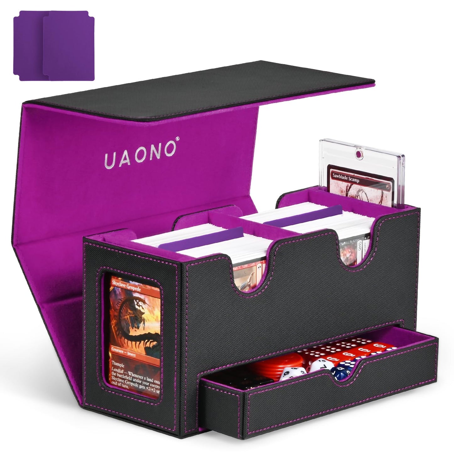 Uaono Card Deck Box For Mtg, Double Card Storage Box With 2 Commander Display & 1 Dice Tray, Fits 200+ Double Sleeved Cards, Card Organizer For Ccg Tcg Sports Cards (Black Purple)