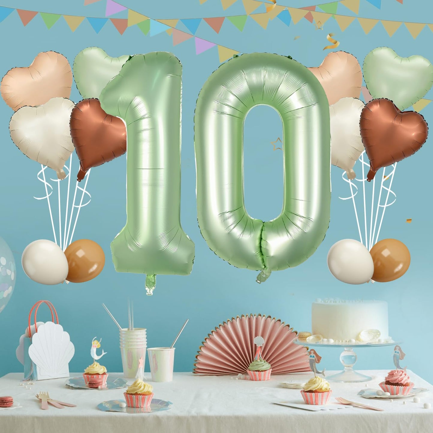 Biapian 40 Inch Sage Green Number 10 Balloons, Large Foil Number 1 & 0 Balloons With 18'' Cream Brown Heart Balloons For 10Th Ye