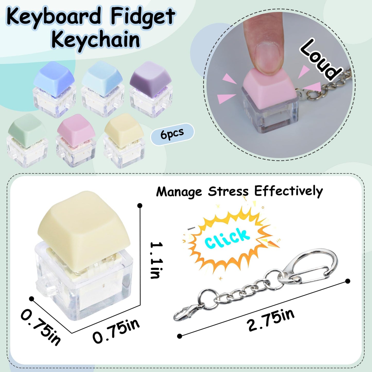 6 Pack Keyboard Fidget Toy Keyboard Fidget Keychain Keyboard Decompression Button Finger Clicker Toys  Button Stress Relief Fidget Gifts for mature-themed to Relief Stress (Mix Macaron)