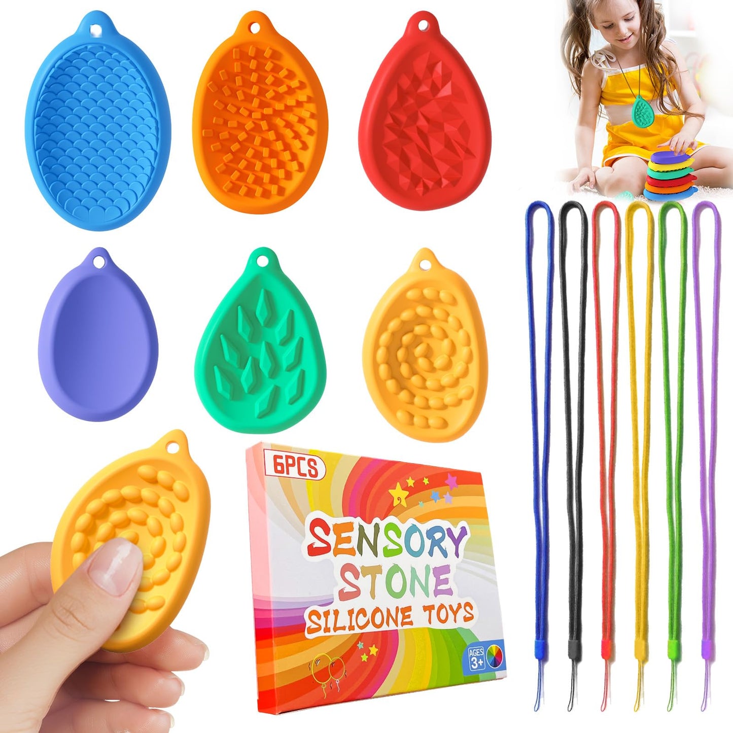Qingler Fidget Toys Sensory Worry Stones With Lanyard Stocking Stuffers For Kids, 6 Pack Worry Stones For Autism Adhd Teens Anxi