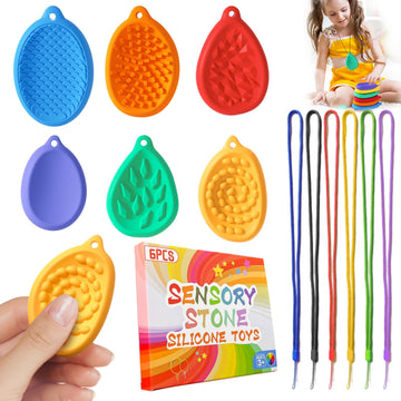 Qingler Fidget Toys Sensory Worry Stones With Lanyard Stocking Stuffers For Kids, 6 Pack Worry Stones For Autism Adhd Teens Anxi
