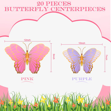 Wettarn 20 Pcs Butterfly Centerpieces For Tables Butterfly Party Decorations 3D Golden Butterfly Table Toppers Centerpiece For Girl Party Birthday Baby Shower (Pink, Purple,12 X 9 In,10 X 7 In)