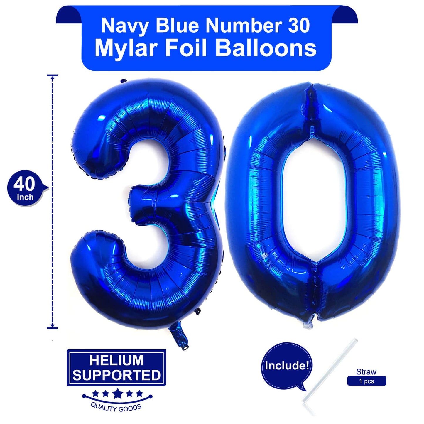 40 Inch Navy Blue 30 Number Balloons Giant Jumbo Huge 30 Foil Mylar Helium Number Digital Balloons Dark Blue Birthday Mylar Digi