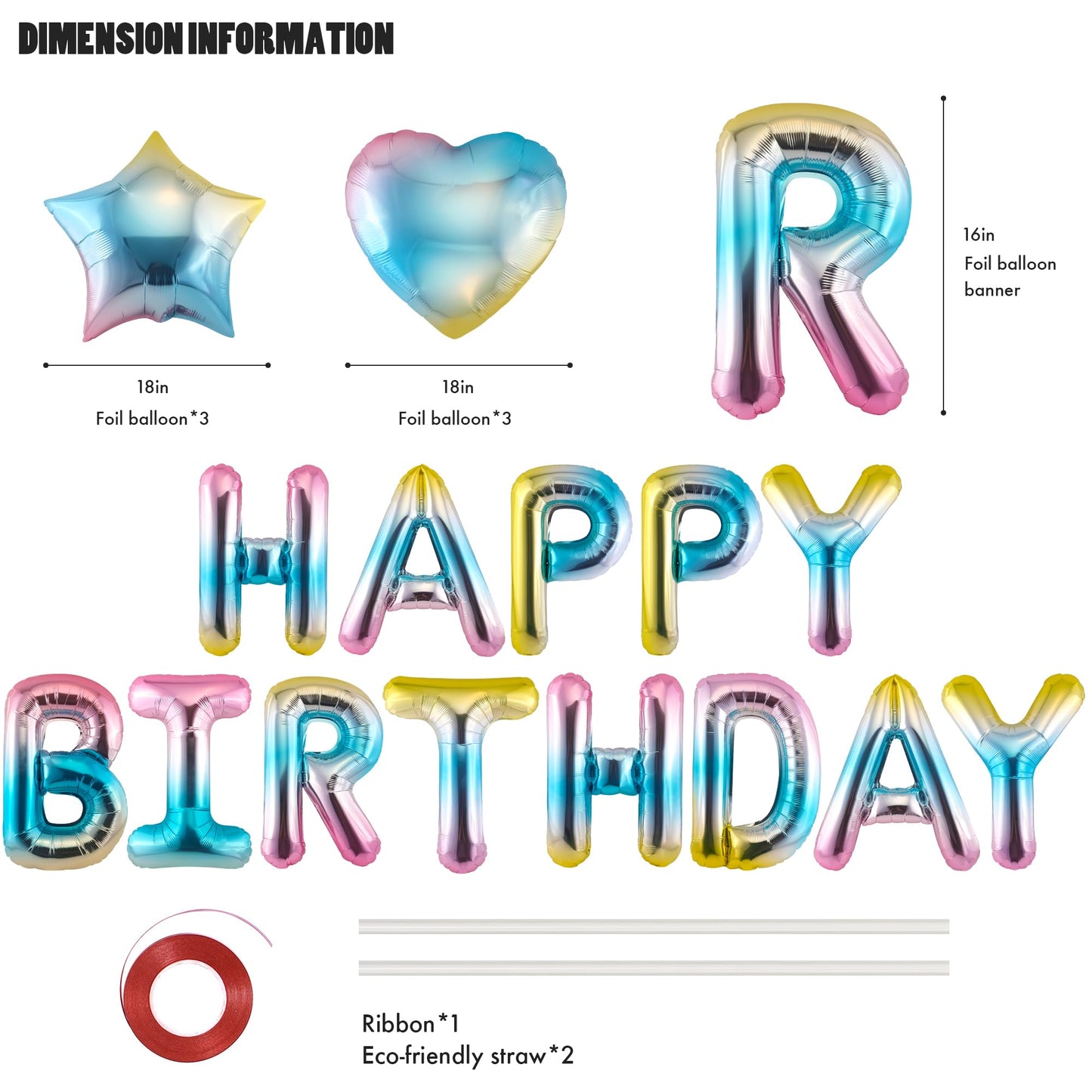 Canrevel Happy Birthday Banner 13Pcs 16 Inch Mylar Foil Letters With 6Pcs Star & Heart Balloons Birthday Party Decorations For K