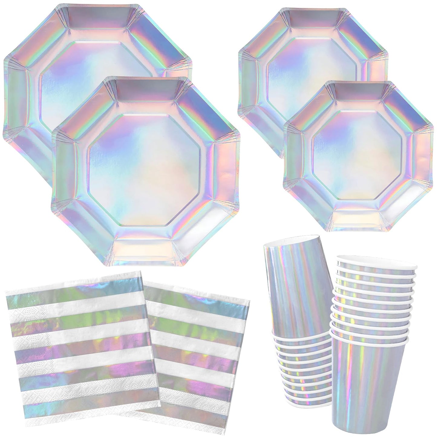 Gatherfun Iridescent Party Supplies - Disposable Paper Plates, Cups and Napkins, Ideal for Birthday, Mermaid Themed Events & Bir