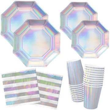 Gatherfun Iridescent Party Supplies - Disposable Paper Plates, Cups and Napkins, Ideal for Birthday, Mermaid Themed Events & Bir