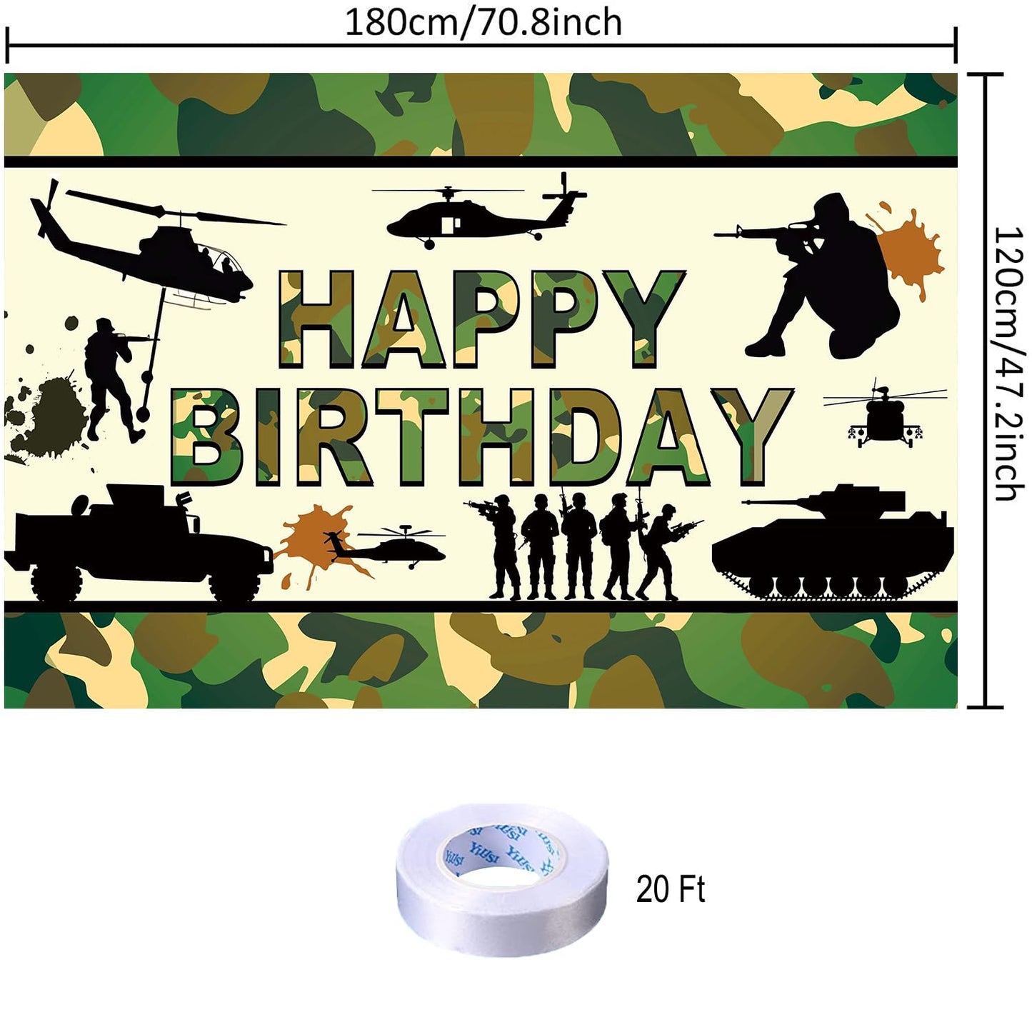 Yilzo Camo Backdrop - Happy Birthday Banner, 70.8 x 47.2 Inch, Camouflage Army Military Photography Background for Soldier Party Decorations