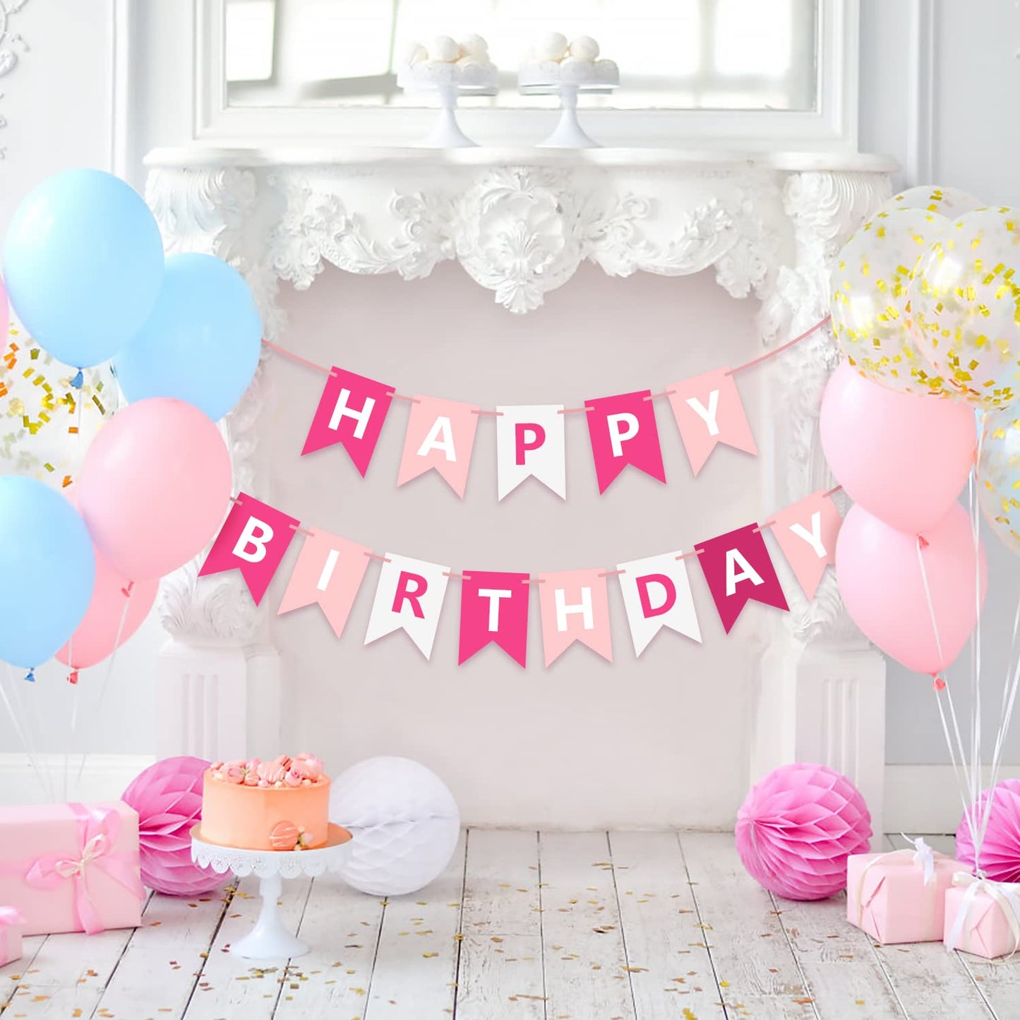 Eaezerav Pink Happy Birthday Banner - Paper Bunting Garland for Princess Party Decorations, Wall Hanging Supplies
