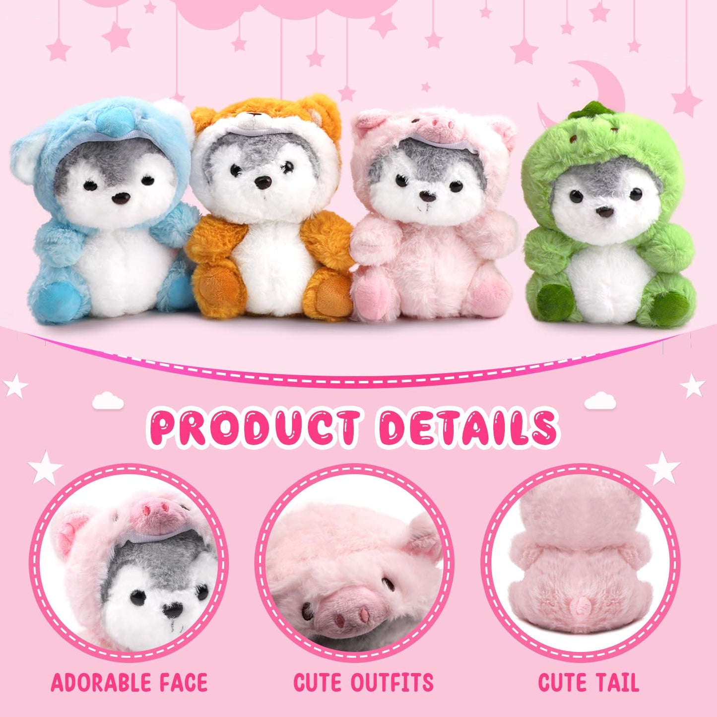 HENGSHI Cute Husky Stuffed Animal Wearing Pink Pig Outfit 7.5 Inch Soft Plush Dog Toy  Fun and Funny Gift Idea for Children and Dog Lovers.(Pig)