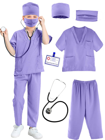 Puteraya Kids Doctor Scrubs Costume Set Doctor Surgical Suit Uniform for Boys Girls Dress Up Halloween Cosplay