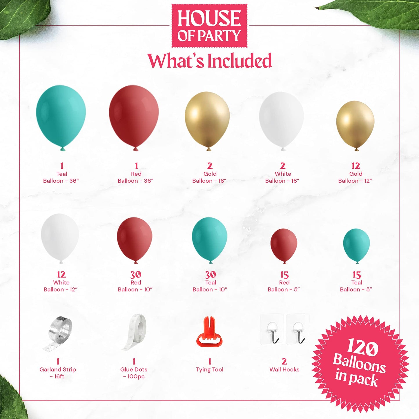 House Of Party Red, White And Gold Balloon Garland Kit 123 Pcs - Teal, Dark Red Metallic Balloons Arch For Valentine, Wedding, G