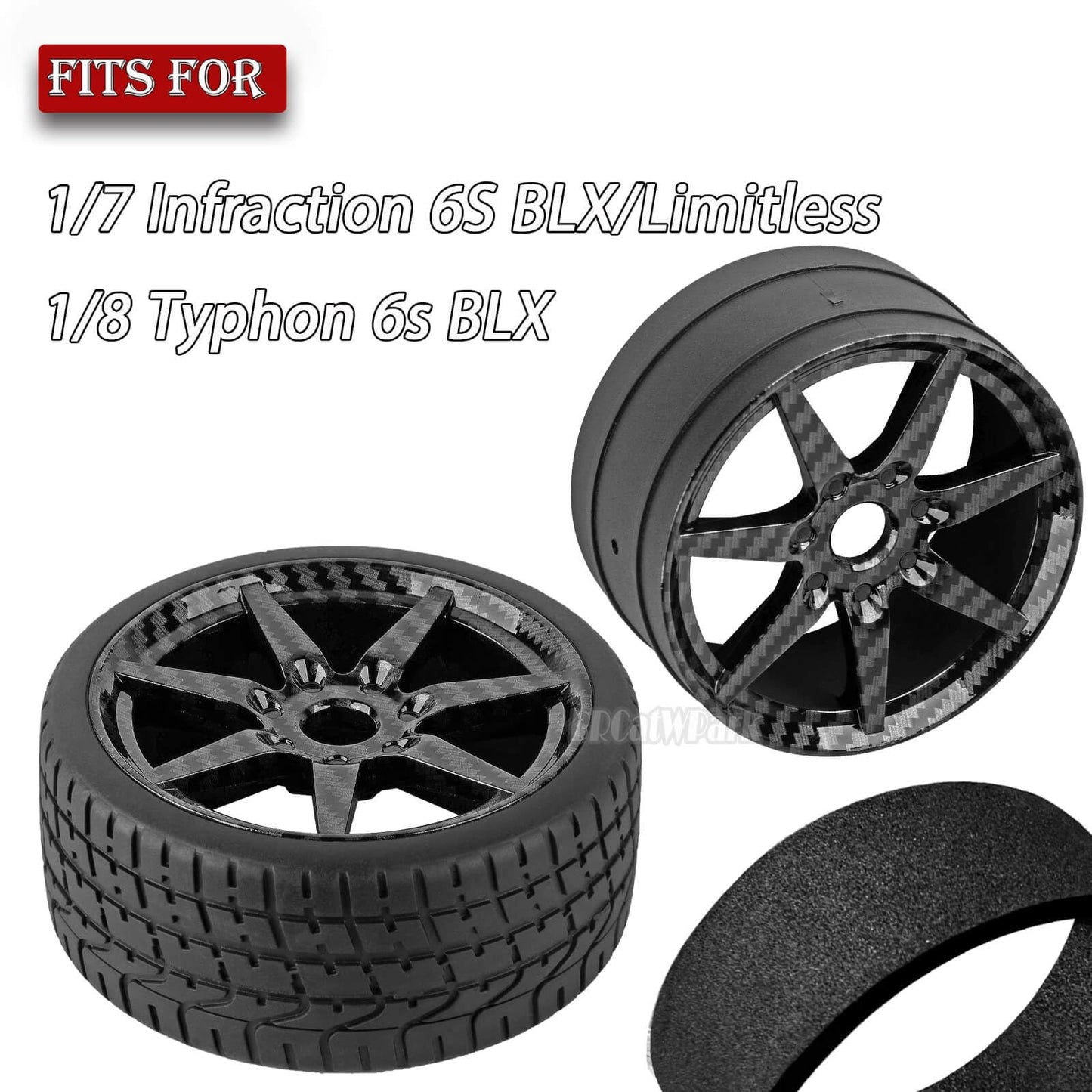 BRCatWPark RC Highway Tires Wheel for 1/7 Infraction 6S BLX/Limitless,1/8 Typhon 6s BLX,7 Spokes Wheel Rim & Rubber Highway Tire