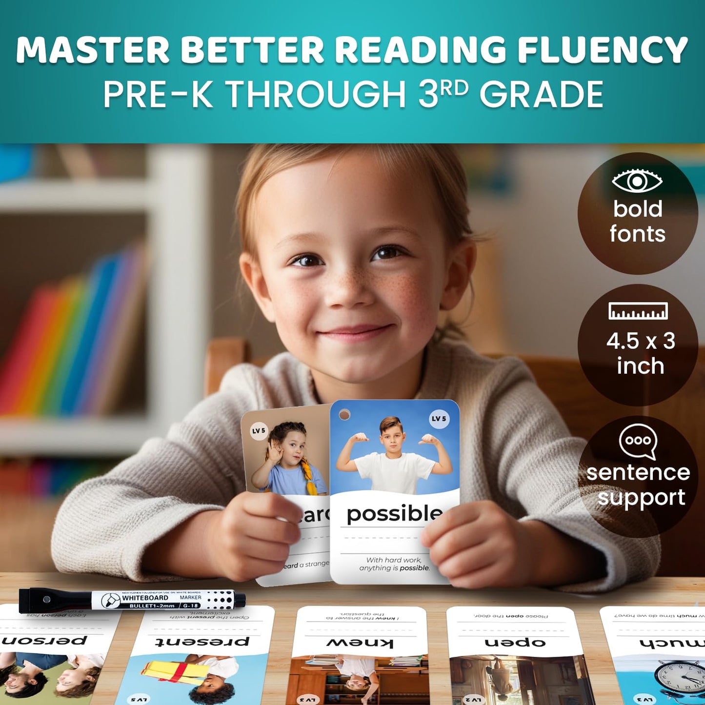 Quokka 520 Sight Words Flash Cards For Kids Adults - From Pre-K To 3Rd Grade - 5 Levels & Bold Font & Jumbo Size & Dry Erase Car