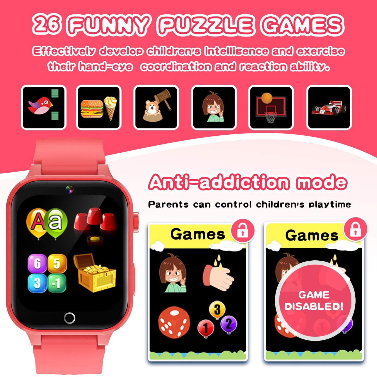 Kids Smart Watch Gift For Girls Age 4-12, 26 Games Hd Touch Screen Kids Watches With Video Camera Music Player Pedometer 12/24 Hr Educational Toys Birthday Gifts For Girls Ages 6 7 8 9 10