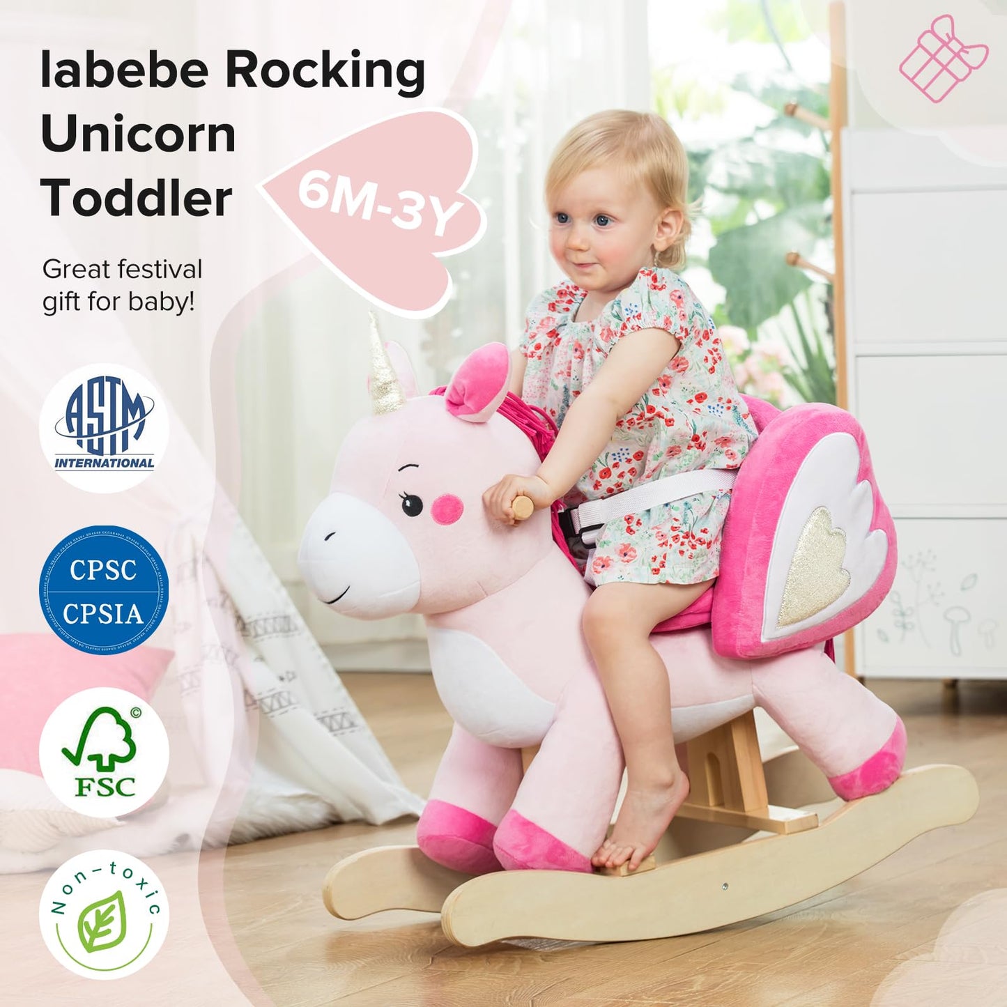 labebe Baby Rocking Horse, Plush Unicorn Ride-On Toy for 6 Months to 3 Years, Pink, Model HY1720004-BLW