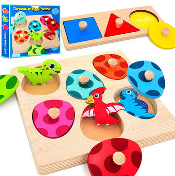 Sierliky Wooden Peg Puzzle For Toddlers,Montessori Toys For Kids,Wooden Learning Color Sorting Shape Puzzles For Boys Girls, Dinosaur Match Eggs Developmental Sensory Matching Games