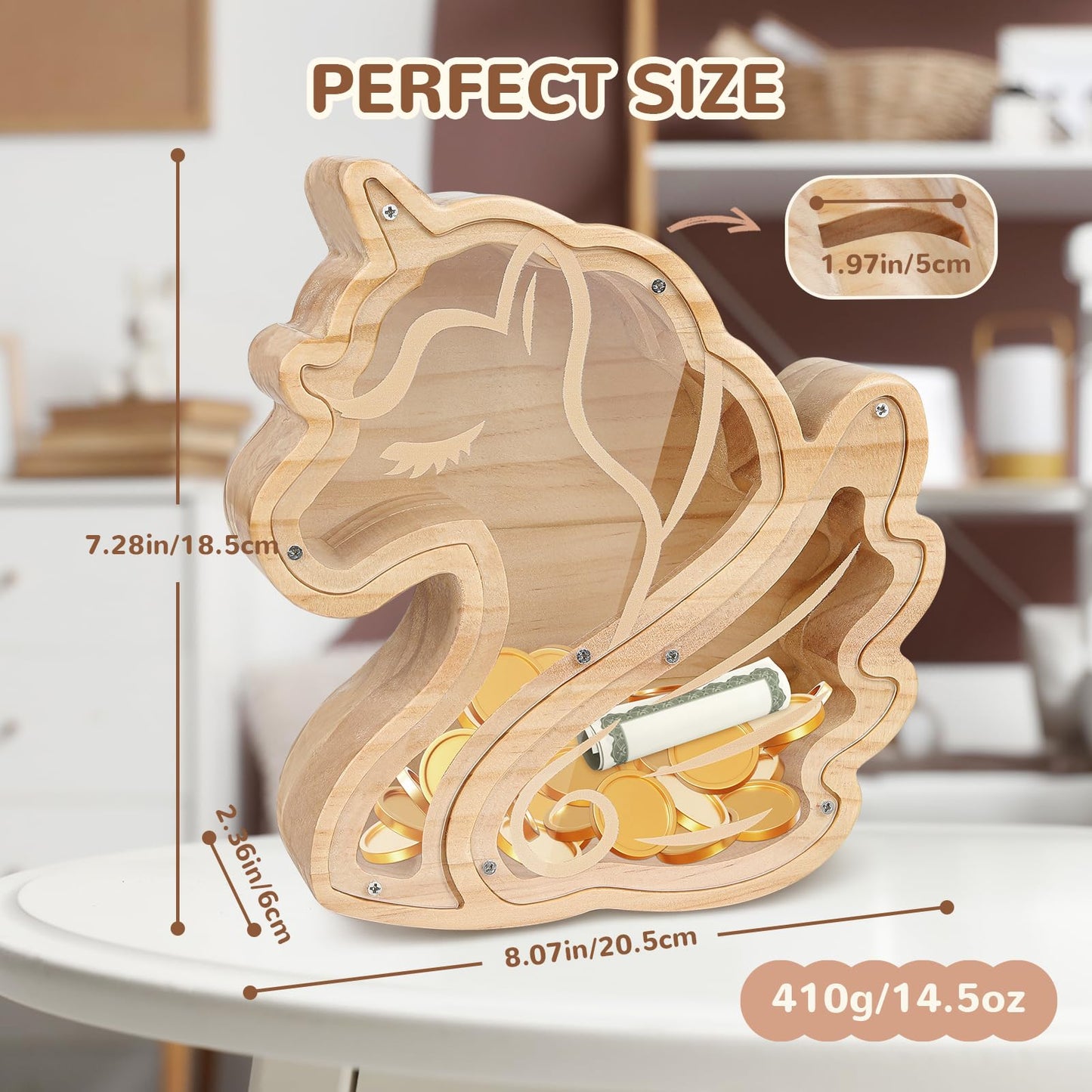 wooshwa Unicorn Piggy Bank for Kids, Wooden Money Bank for Boys Girls Toddler, Unbreakable Bills and Coins Cash Box, Creative Sa