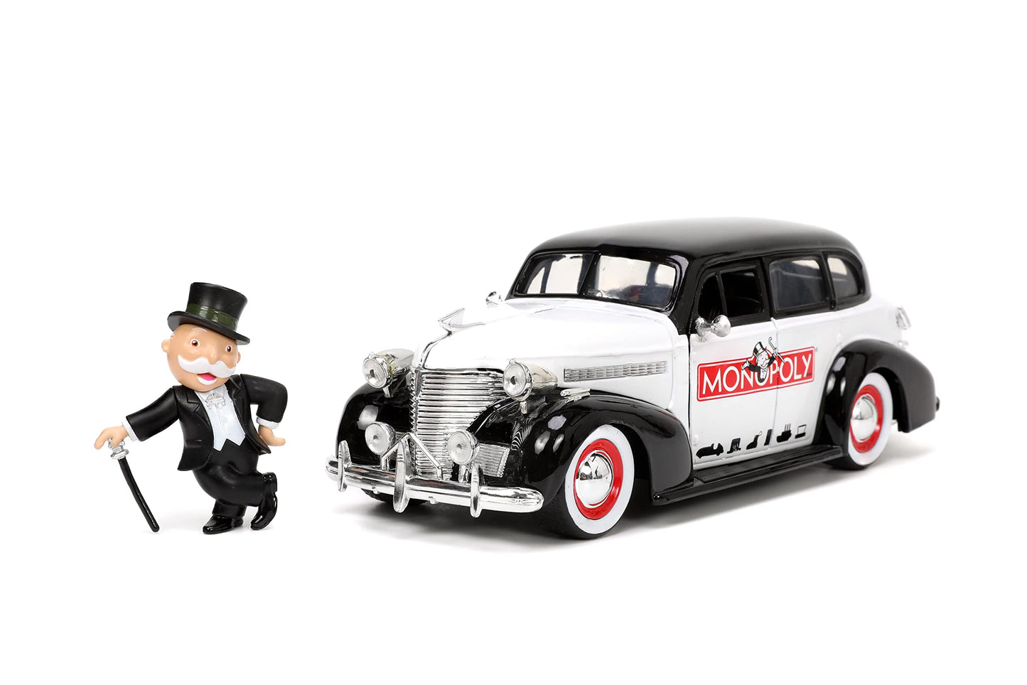 Jada Toys Mr. Monopoly 1:24 1939 Chevrolet Master Deluxe Die-cast Car w/ 2.75 Rich Uncle Pennybags Figure  Toys for Kids and mature-themeds (33230)