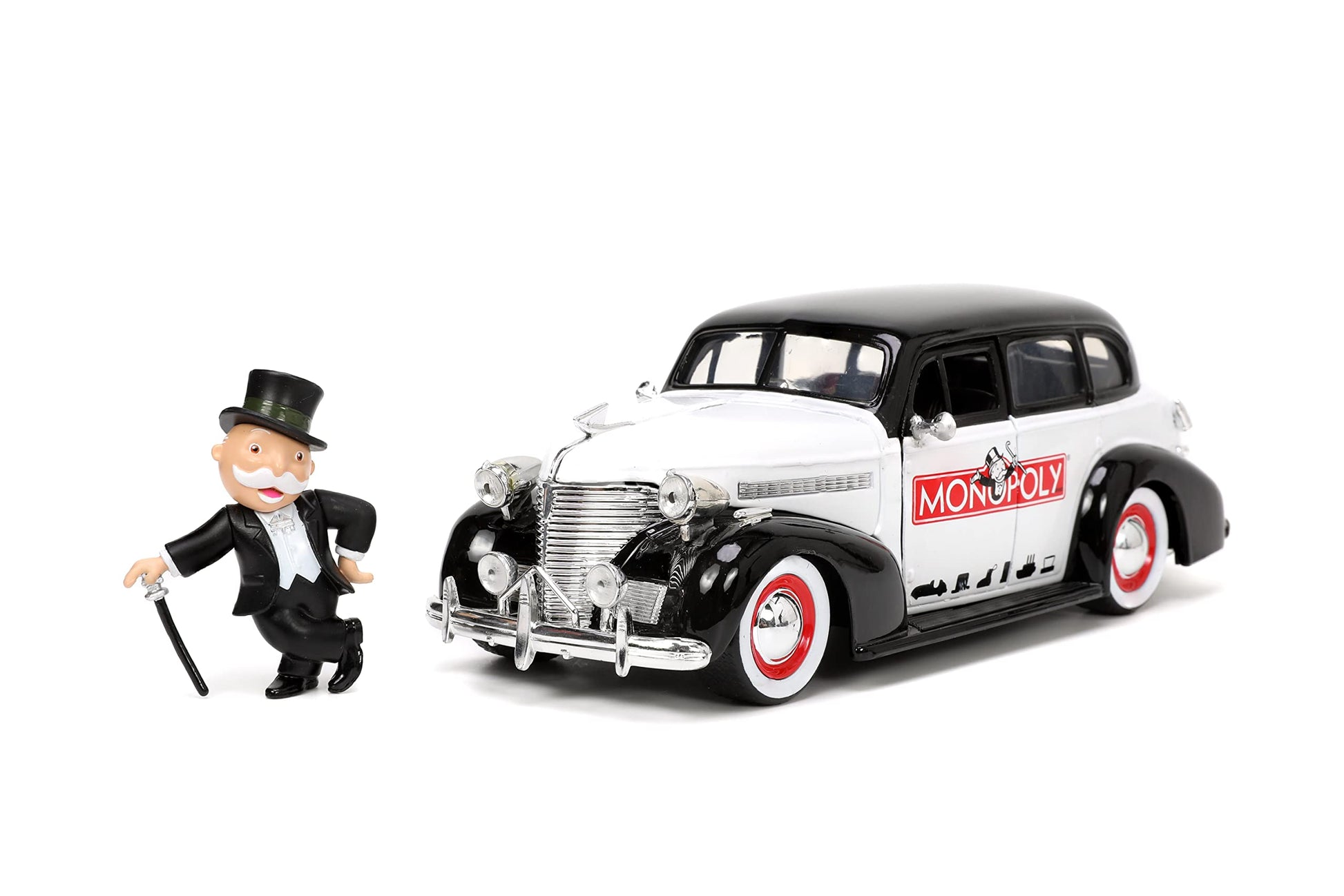 Jada Toys Mr. Monopoly 1:24 1939 Chevrolet Master Deluxe Die-cast Car w/ 2.75 Rich Uncle Pennybags Figure  Toys for Kids and mature-themeds (33230)