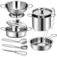 12Pcs Kids Pots and Pans Playset, Pretend Play Kitchen Set Toy Stainless Steel Pots and Pans Cooking Toys Accessories for Kids T