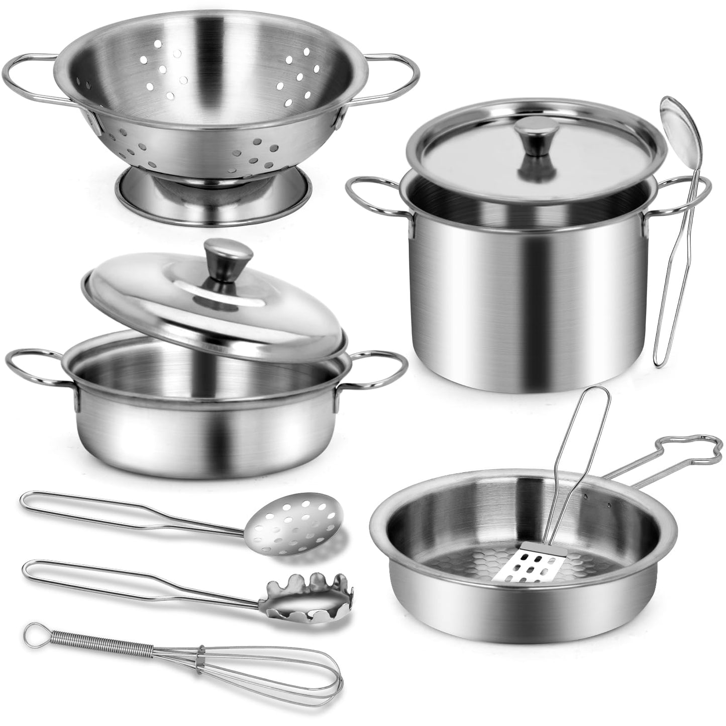 12Pcs Kids Pots and Pans Playset, Pretend Play Kitchen Set Toy Stainless Steel Pots and Pans Cooking Toys Accessories for Kids T