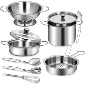 12Pcs Kids Pots and Pans Playset, Pretend Play Kitchen Set Toy Stainless Steel Pots and Pans Cooking Toys Accessories for Kids T