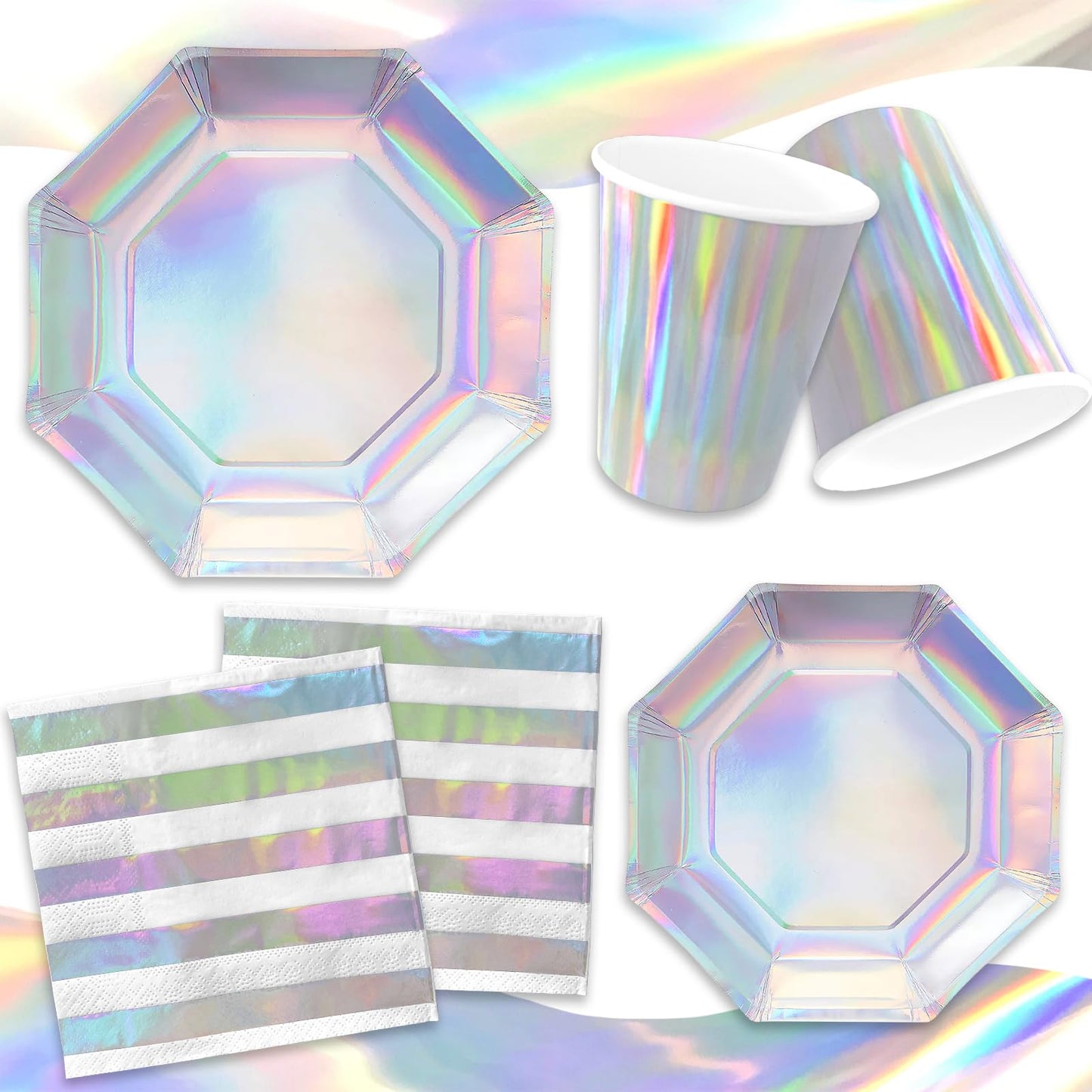 Iridescent Party Supplies - Disposable Paper Plates, Cups, Napkins, Tablecloth & Banner - Ideal For Mermaid Themed Events & Birt