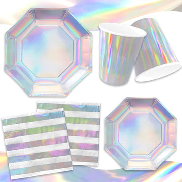 Iridescent Party Supplies - Disposable Paper Plates, Cups, Napkins, Tablecloth & Banner - Ideal For Mermaid Themed Events & Birt