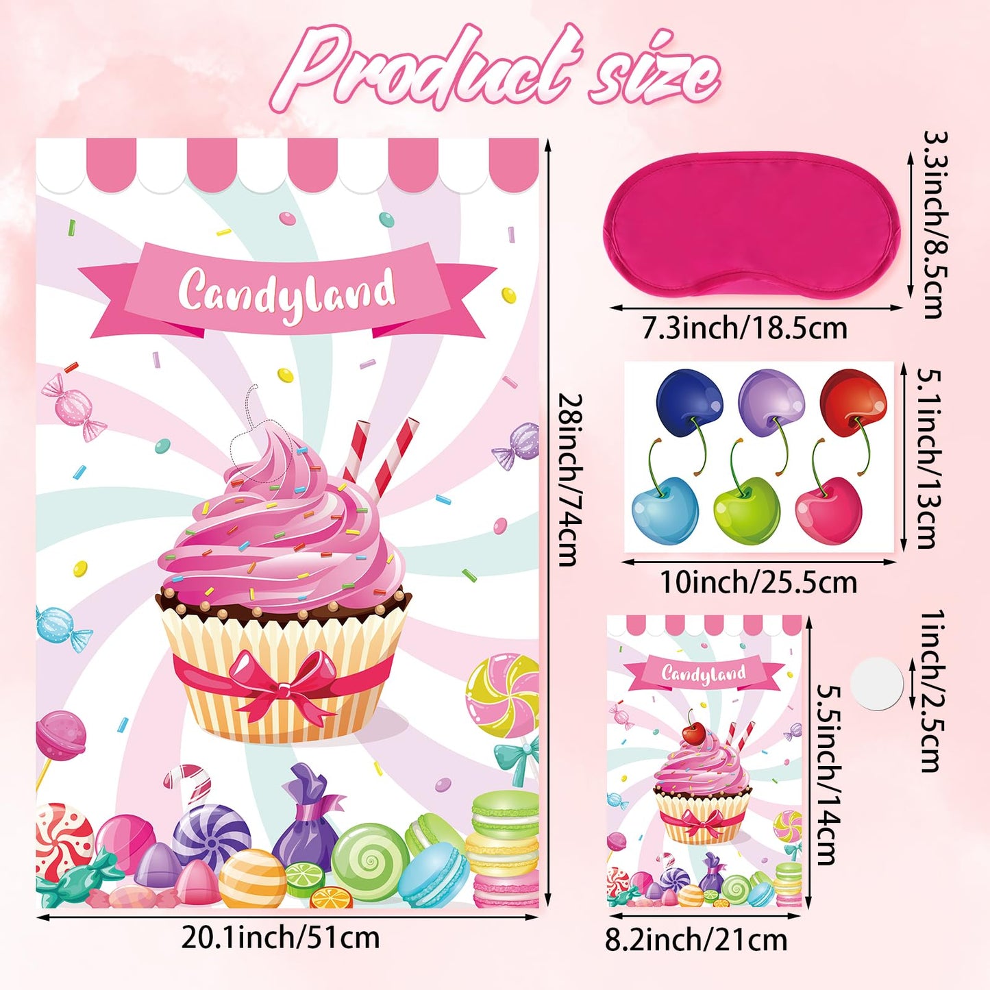 Pin The Cherry On The Cupcake Game For Kids Birthday Pin Game Girls Birthday Party Games Candy Land Party Decorations, Large Candyland Game Poster With 36 Cherry Stickers Candyland Party Favors