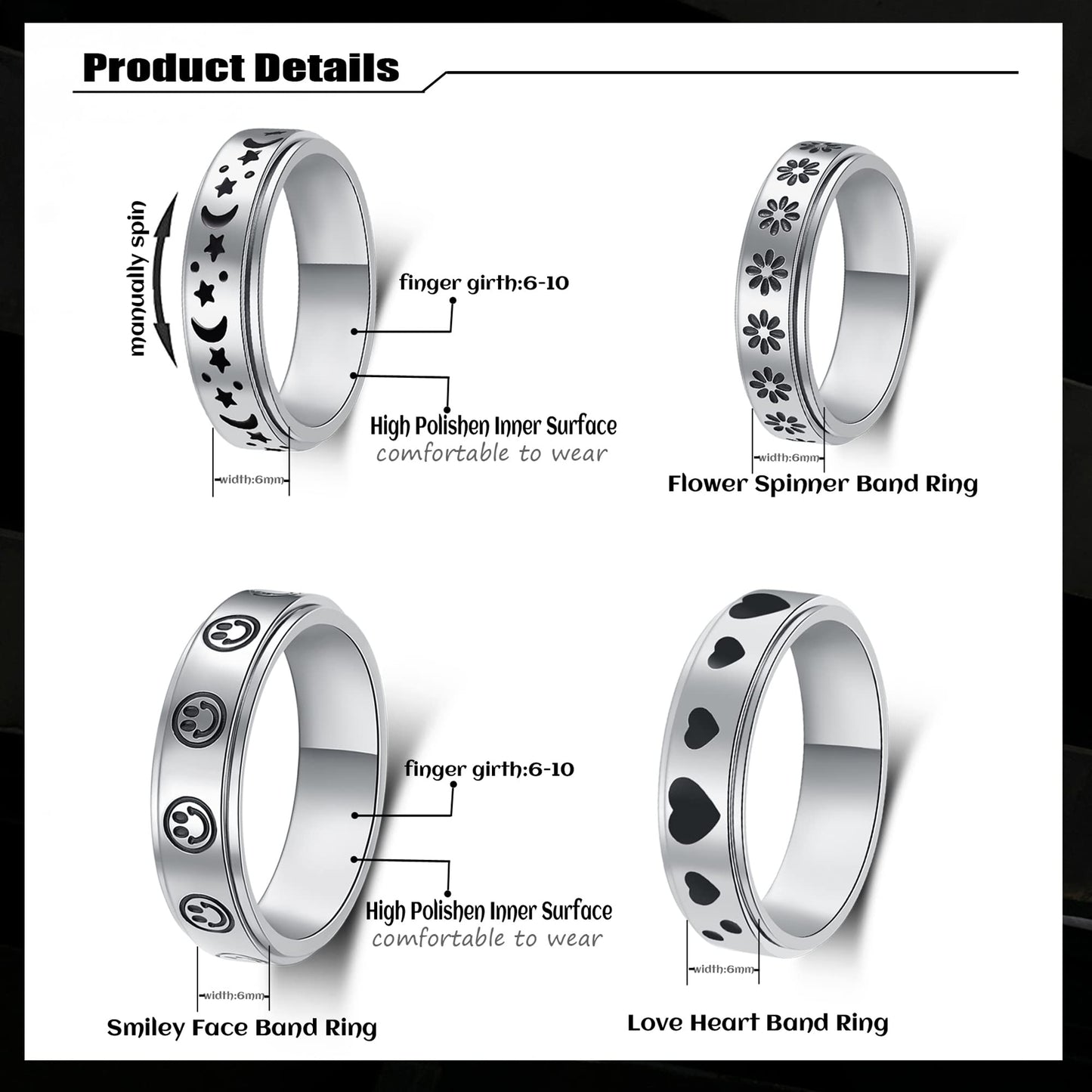 Luckyamor Spinner Ring, Fidget Anxiety Ring Stainless Steel Moon Star Ring For Women Men Size 6-10, 4 Uk, Non-Precious Metal, No