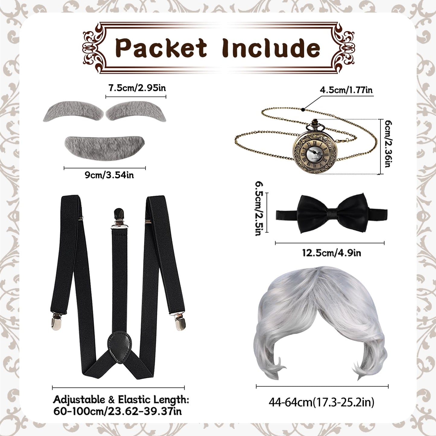 Fraiieon 1920S Old Man Costume Set For Kids - 100Th Day Of School Grandpa Cosplay Accessories (Wig, Glasses, Bow Tie, Suspenders