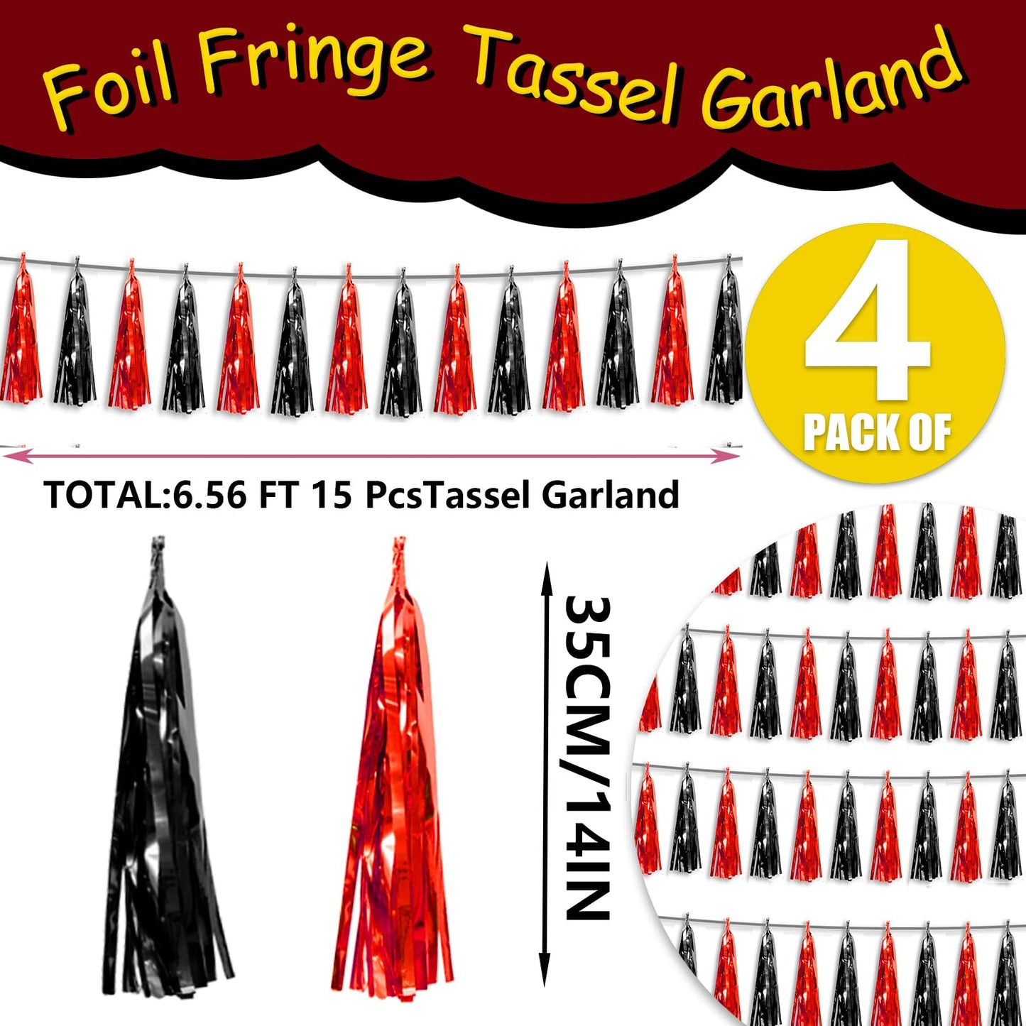4P Black red Foil Fringe Tassel Banner Garland Metallic Tinsel Streamers Wall Hanging Curtain Backdrop Banner for Parade Floats,
