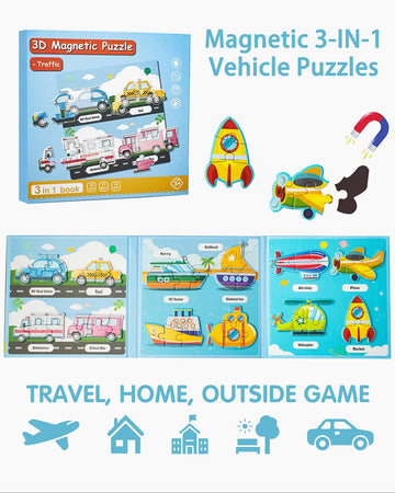 Magnetic Puzzles For Toddlers 1-3, Travel Puzzles Games For Kids Ages 1 2 3 4 5, Traffic Car Activities Toy Jigsaw Puzzles Book