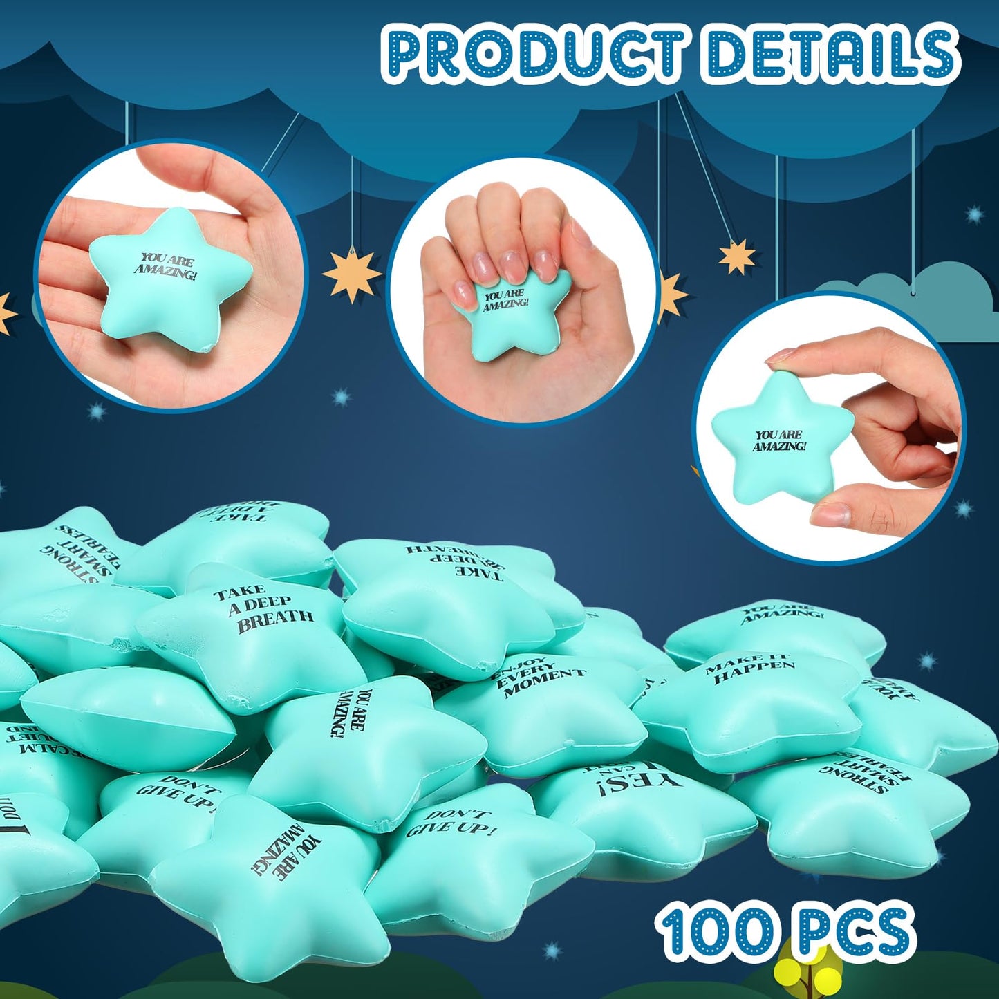 Sotiff 100 Pack Star Stress Balls Bulk Stress Relief Balls With Motivational Quotes Mini Inspirational Foam Party Favors Gifts F