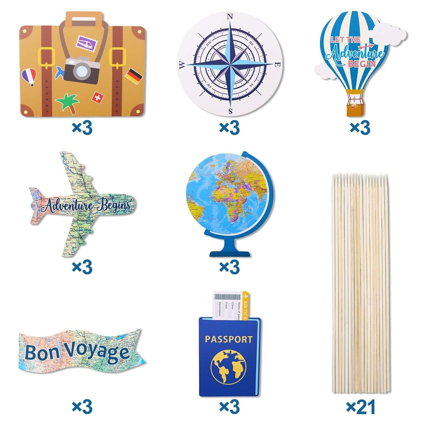 Yaaaaasss! Adventure Themed Centerpieces Set of 21 - Travel Props for Graduation, Retirement, Bon Voyage, World Map Design - Model ADV-TP