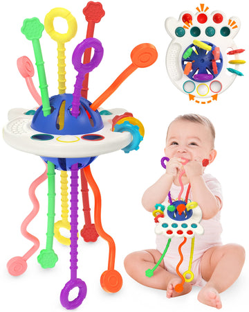 Yetonamr Baby Sensory Montessori Toys For 6-12-18 Months, Blue Pull String Teething Toy, Stocking Stuffers Birthday Gift Travel 