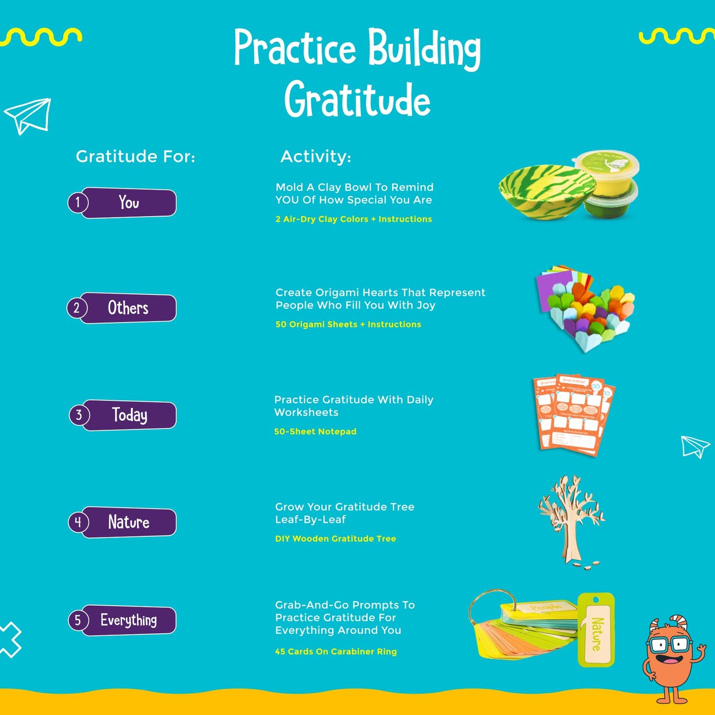 Open The Joy Gratitude Box For Kids - Diy Wooden Craft, Clay Bowl Kit, Origami Activities, Gratitude Journal, And Reflection Cards - Educational Emotional Learning Toys For Ages 4+
