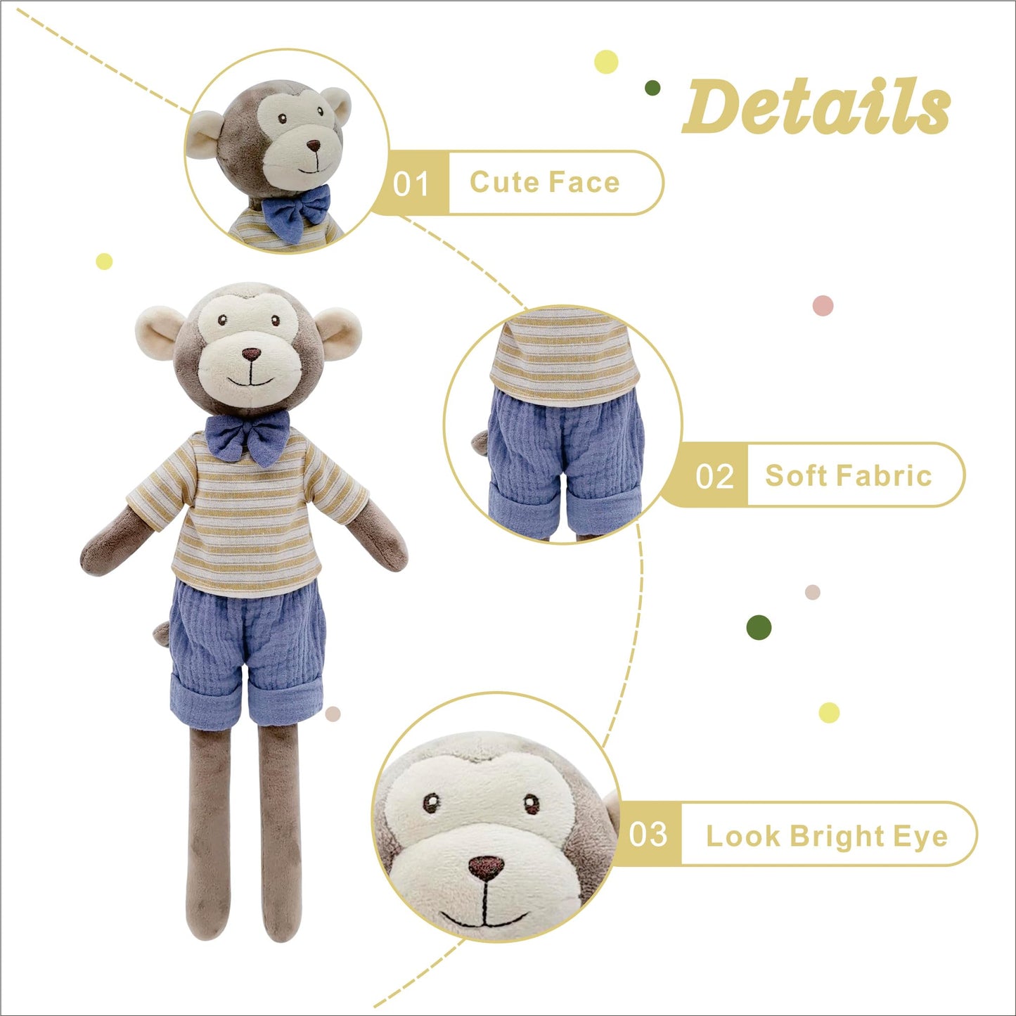 Mikee Fluffie Monkey Stuffed Animals,15.7'' Boy Monkey Plush With T-Shirt And Pants,Cute Stuffed Animal For Girls As Birthday, E