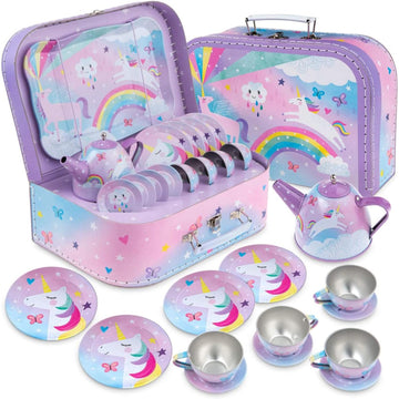 Jewelkeeper Toddler Toys Tea Set for Little Girls - 15 Pcs Tin Tea Set for Kids Tea Time Includes Teapot, 4 Tea Cup and Saucers 