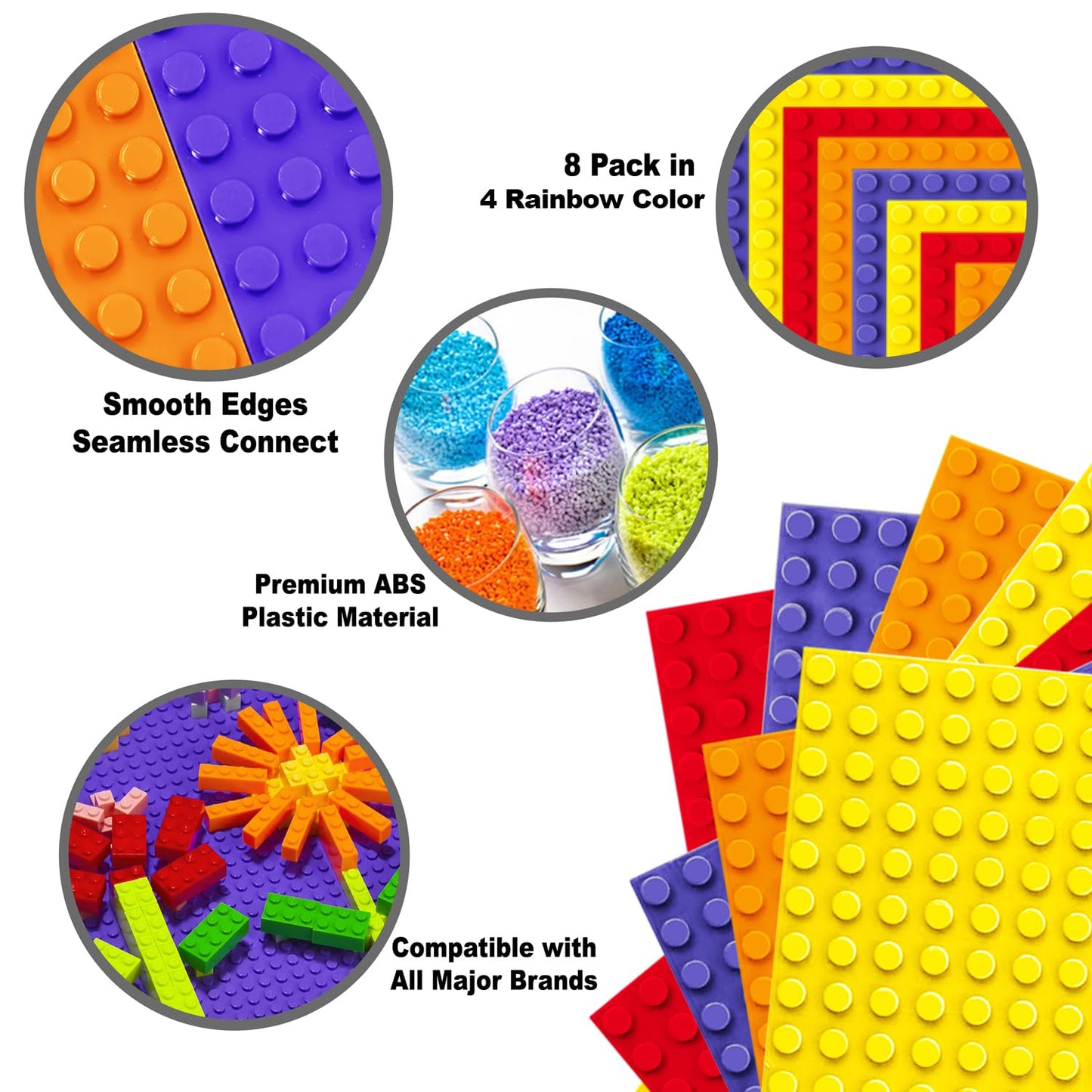 Bestoyz Building Bricks Baseplates Multipack, 32X32 Stud, 8 Pack Of Base Plates In 4 Rainbow Color: Orange, Red, Yellow & Purple, Base For Building Blocks Creations, 10X10 In. (25.5X25.5 Cm)