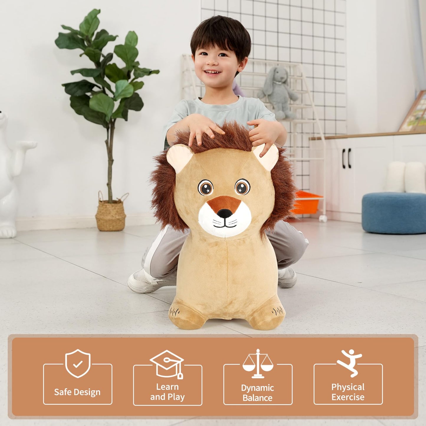 Inpany Bouncy Lion Animal Hopper Toys, Toddlers Plush Bouncing Jungle Zoo Animal Figures, Wild One Birthday Safari Baby Shower Decorations, Ride On Rubber Bouncer, Outdoor Gifts For 2 3 4 Yr Girl Boy