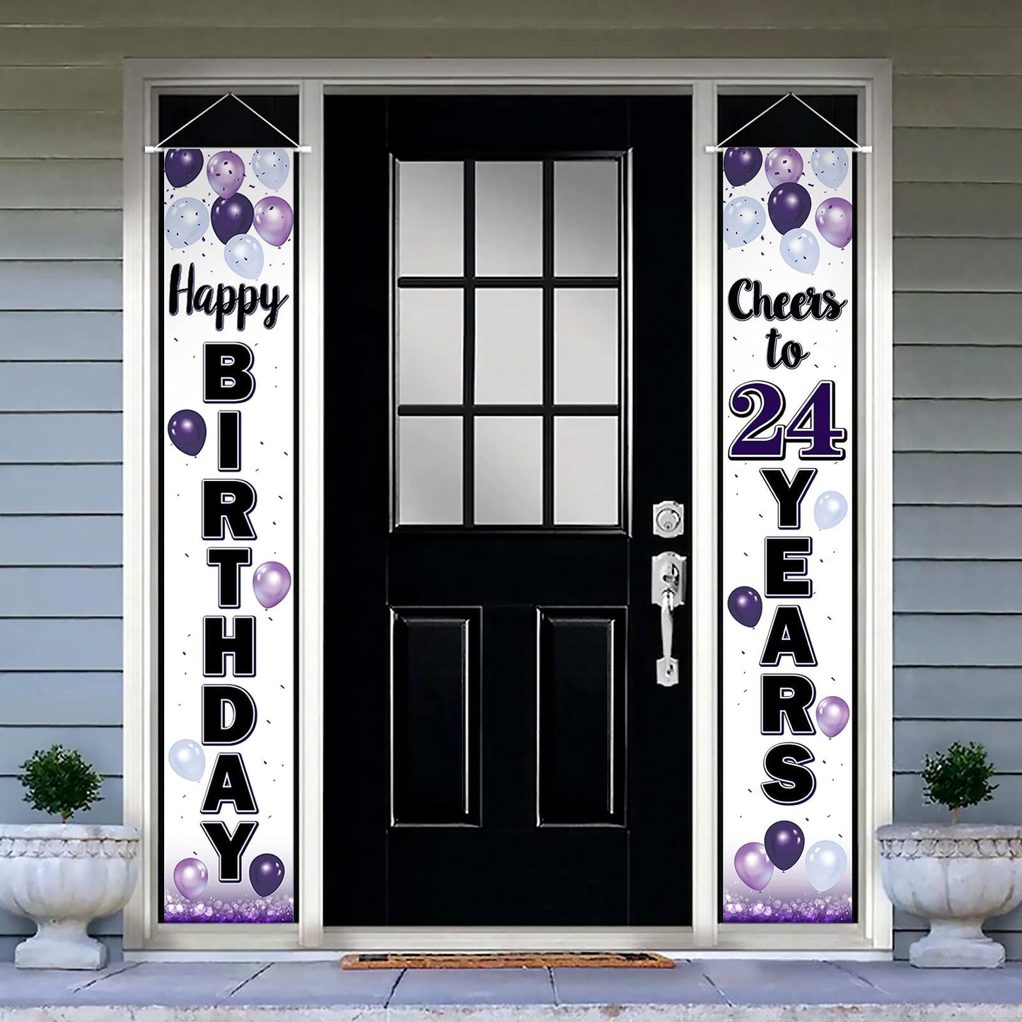 LASKYER Happy 24th Birthday Decorations,24th Purple Balloon Birthday Theme Door Hanging Banner Sign,24 Years Old Bday Party Supp