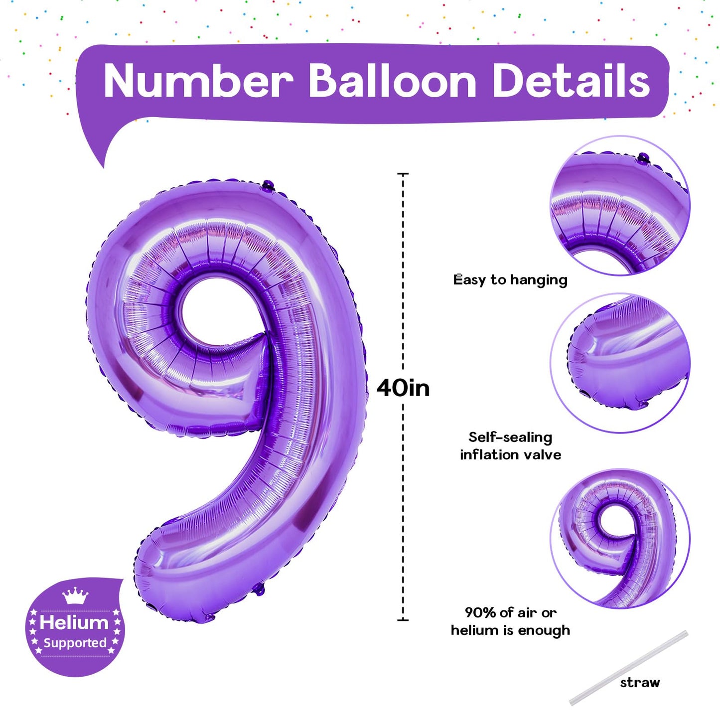 40 Inch Purple Number Balloons, Giant Self Inflating Foil 9 Years Old Birthday Number Balloon For Girls, 9 Balloon Mylar Helium